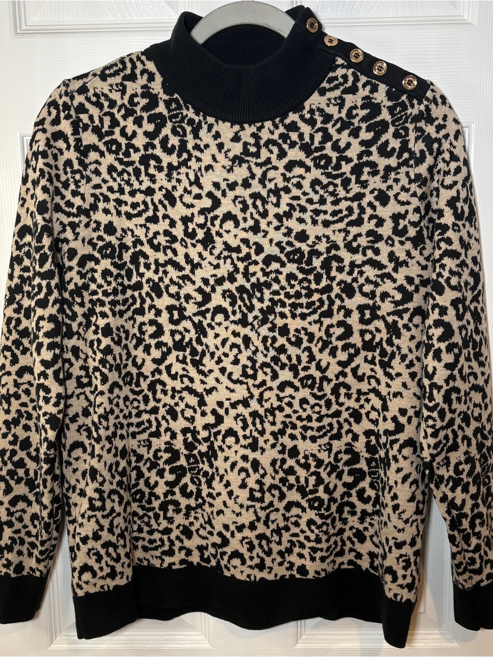 Calvin Klein Leopard Print Mock Neck Button Shoulder Sweater Large